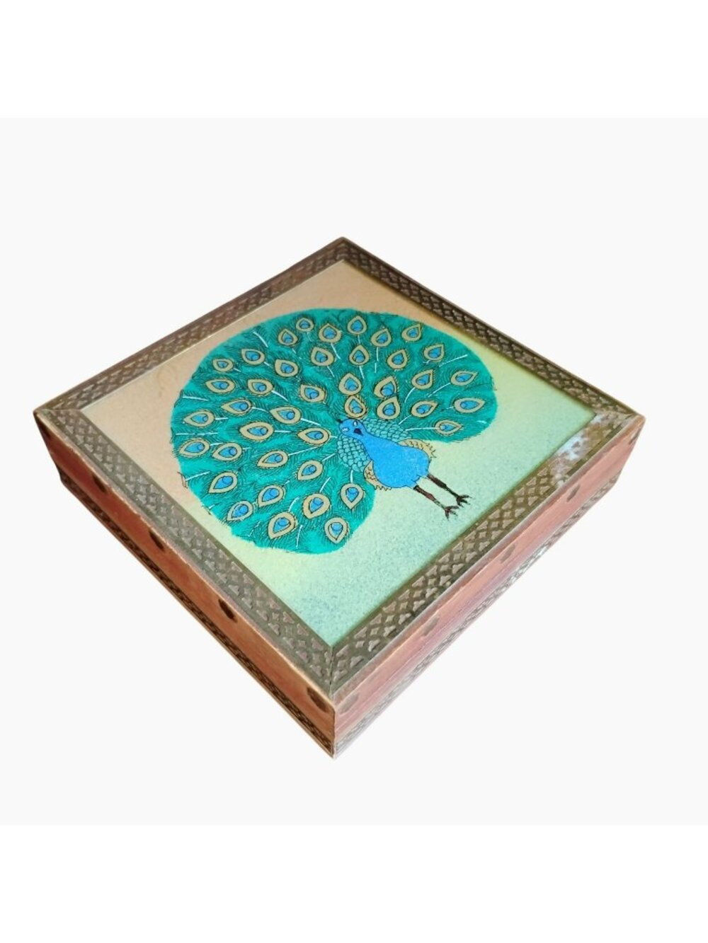 Handcrafted Wooden Peacock Box, Velvet Lining Brass Detail 5" Decorative Storage
